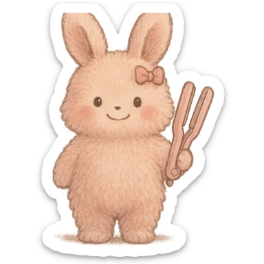 full-body soft pink bunny hair straightener extremely fluffy and plush tiny bow gentle happy face with enhanced Ghibli-style softness sticker