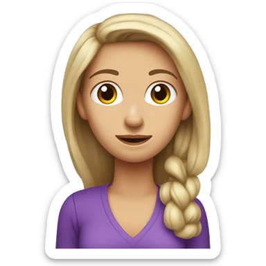 Mujer rubia de pelo lacio raya a un costado, de 37 años, con remera violeta, que legusta la economía y el sistema financiero, se hace una pregunta sticker