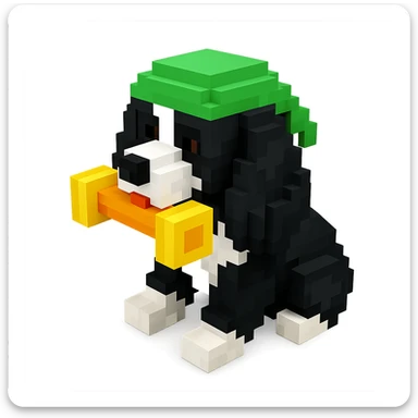 A black and white Russian Cocker Spaniel puppy wearing a green durag, voxel style, playing with a toy sticker