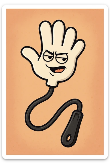 cartoon style plastic slap hand, white hand, black handle, thick black outline sticker