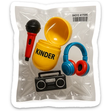 Kinder Surprise egg opened showing toys: microphone, boombox, headphones, shiny and inflated vacuum-sealed style sticker