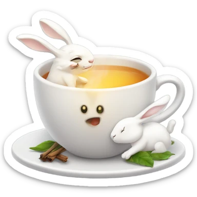 Cup of hot tea with white cute rabbits  sticker
