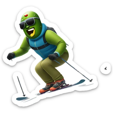Pickle wearing sunglasses skiing down a mountain sticker