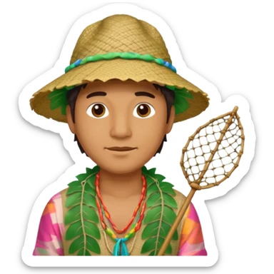 Hawaiian man with leaf hat and fishing net and colorful cloth sticker