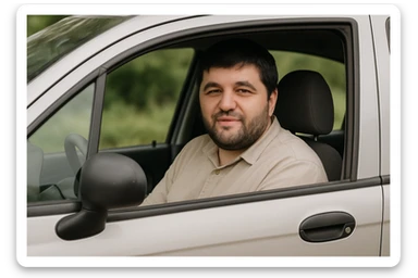 mana shu rasmdagi odam matiz mashinasining haydovchi o'rindig'ida o'tirib oynasidan kameraga qarab turgan holatini tasvirlab ber sticker