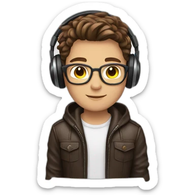 boy with bookish hairstyle, brown hair, white T-shirt, open leather jacket, with headphones. sticker