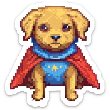 A pixel art style emoji of a super dog with a red cape. sticker