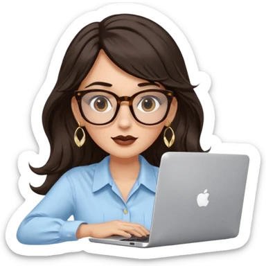 A white woman with long wavy dark brown hair and a whispy bang, wearing thick tortoise SQUARE glasses, gold drop earrings. She has long lashes and a nude browny glossy lipstick. She's wearing an oversize light blue shirt with white vertical strips. She's working on a laptop sticker