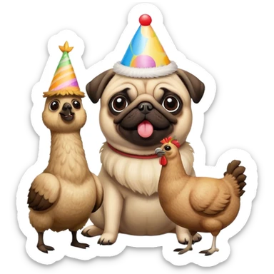 A pug eating roasted chicken with his llama stuffed animal with a birthday hat. sticker