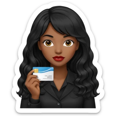 A young woman with long black hair, a wavy frange falling on half of her head.  She's black, medium to dark skinned with thick lips. She's holding something that let's us know she's the CEO of a creative agency, but she's wearing black casual clothes. she has long eyelashes. sticker
