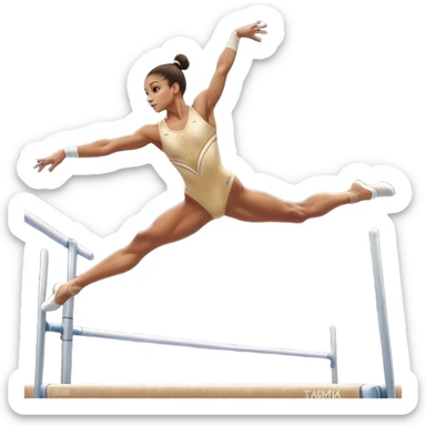 Professional gymnast performing a dynamic routine on parallel bars, captured mid-air in an elegant flip. The background features a well-lit gymnastics arena with a cheering audience. The athlete's posture and expression convey strength, control, and perfect coordination. sticker