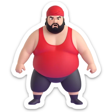 Extreme close-up of face of morbidly obese white skin guy with young face, prominent BLACK DURAG tied clearly on head, black beard but no mustache, clean shaven upper lip, black eyes in a red and black wrestling singlet with angry expression sticker