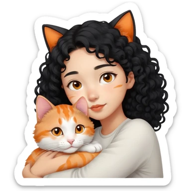 Asian girl with curly black hair and the cat is lying on her shoulder, cat is mostly white with orange markings, tender moment sticker