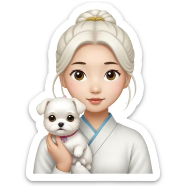 Asian girl with a hair bun holding a white Maltese sticker