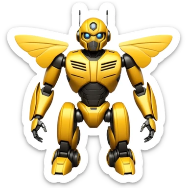 Futuristic robotic bumblebee character in the exact style of Bumblebee from Transformers movies, highly detailed 3D model sticker
