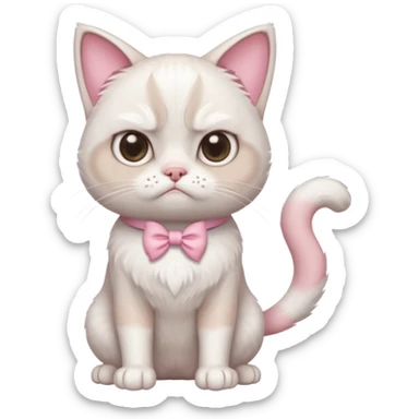 A White grumpy cat with light pink ears and paws and with a bow around its neck. The cat shall be on two legs sticker