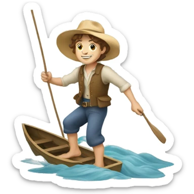 tom sawyer crossing a river on a boat sticker