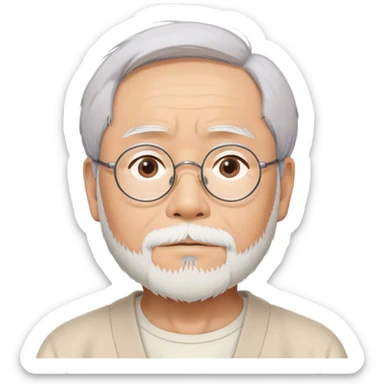 Cinematic Realistic Hayao Miyazaki Portrait Emoji, depicted as a visionary filmmaker with a gentle imaginative expression and artistic flair, rendered with delicate textures and soft enchanting lighting that captures his legendary storytelling. sticker