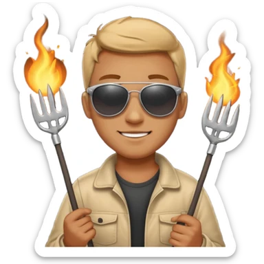 A guy in sunglasses holding tongs, proudly turning skewers over glowing charcoal. sticker