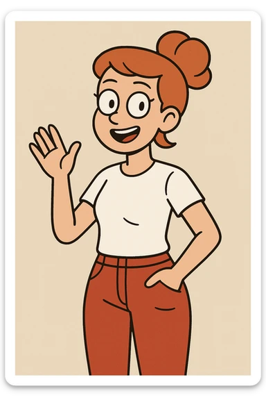 Girl dark orange hair bond hairstyle women's white t shirts pockets red trousers a hand hello  sticker