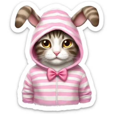 stripes cat IN a bunny HOODIE with pink bow tie sticker