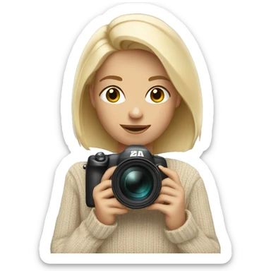 Short blonde in beige sweater holding camera sticker