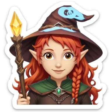 Bruxa meio elfa, ruivo forte (acobreado puxado pro castanho escuro) olhos escuros, e sorrindo 🧝🏻‍♀️ nesaa pegada desse emoji ai, e branca não muito branca tbm sticker