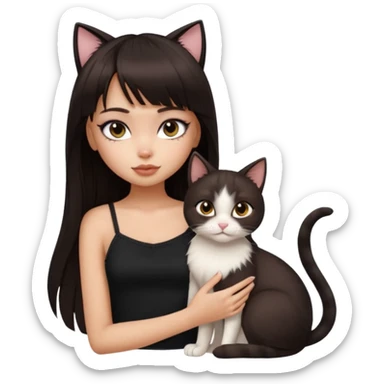 generate a pretty bratz girl in black cami top, dark brown straight long hair with bangs, eyeliner on, cuddling a cat sticker