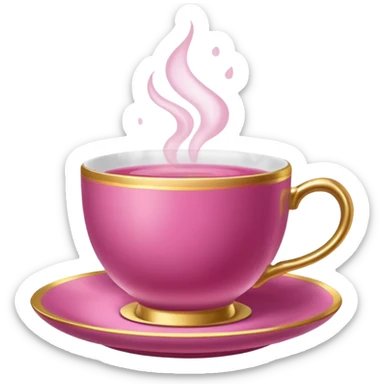 dark pink teacup, placed on a matching pink saucer, with gentle steam rising from the cup, golden details sticker