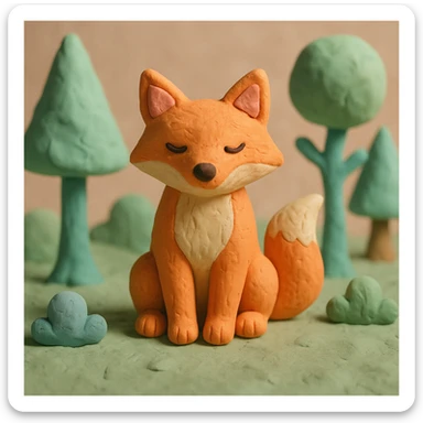 fox sitting in a forest, pastel colors, visible fingerprints, playful and textured, claymation style sticker