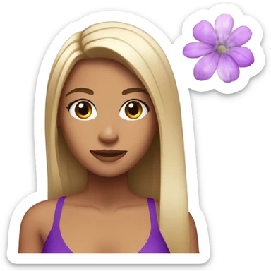 Girl with straight hair and brown eyes super tan in a purple bikini with a purple flower in her hair sticker