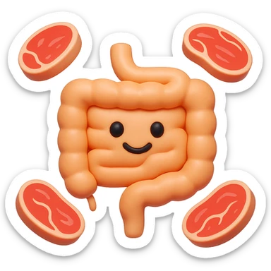 emoji stile iphone in 3d di un intestino con fette di carne che gli fluttuano intorno sticker