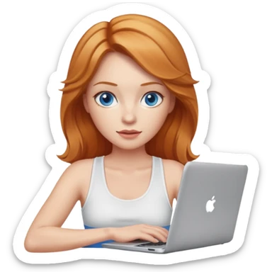Strawberry blonde woman with blue eyes and white tank and  laptop sticker