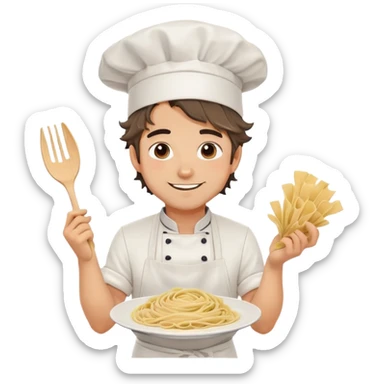Attractive chef boyfriend with messy apron, tousled hair, playful smile, holding a plate of pasta, flour on cheeks, romantic sticker