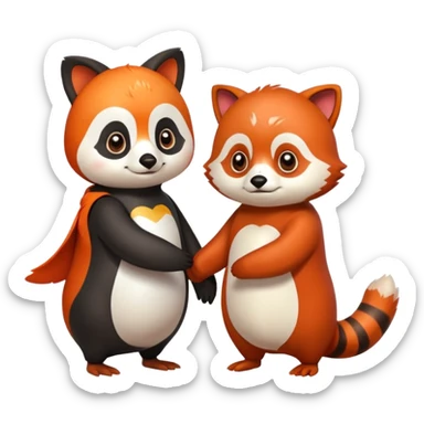 A cartoon penguin and red panda holding "hands" sticker