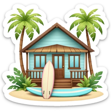 Hawaiian bungalow house, pastel colors, wooden porch, surfboard leaning on wall, palm leaves, tropical vibe, cute mobile game icon style, 3D cartoon, clean background, no text
 sticker