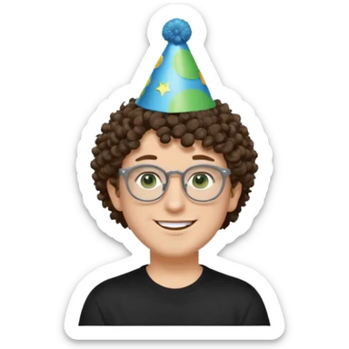 A white guy with curly brown hair and green eyes with a happy face, and wear square black glasses.He’s also got a full silver birthday party hat on his head with blue pom poms on top of it, and his T-shirt is all black, he wears a little gold circle earrings on his left  sticker
