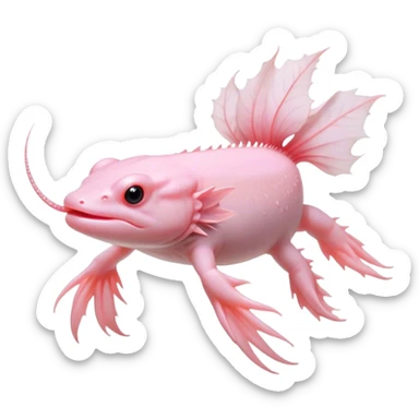 Cinematic Noble Axolotl Portrait Emoji, Poised and regal, with a slender, graceful build and smooth, pale pink skin adorned with feathery external gills, deep-set soulful dark eyes, Simplified yet sharp and sophisticated features, highly detailed, glowing with a soft, ethereal glow, high shine, intelligent and enigmatic, stylized with an air of aquatic elegance, focused and attentive, soft glowing outline, capturing the essence of a watchful and mystical creature, so majestic it feels as though it could glide out of the screen with effortless authority! sticker