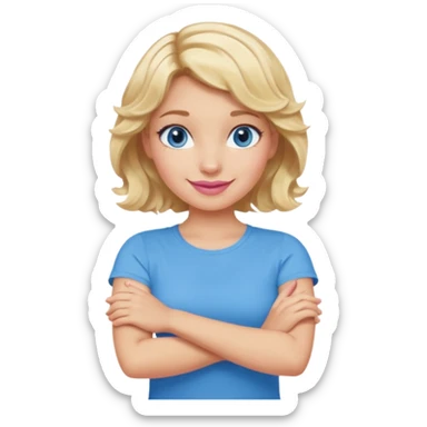 Girl Blonde short wavy hair,  blue eyes, cute blue top, long lashes, pink lips, smiling, making cross arms with arms  sticker