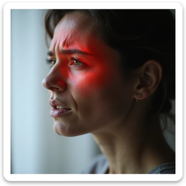 side close-up of a woman's head, temple area highlighted in red, intense pain expression, realistic style, light background sticker