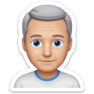Middle aged man with tanned skin, little black to grey hair, receding hairline and no beard, blue eyes, shy smile sticker
