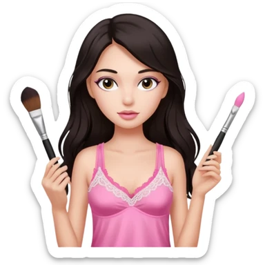 Dark long hair girl wearing pink victorias secret sleepwear that looks like a tank top with lace is holding a normal makeup brush. sticker