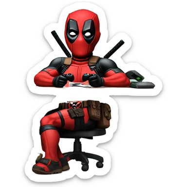 Deadpool holding xbox controller sitting at a desk, front view sticker
