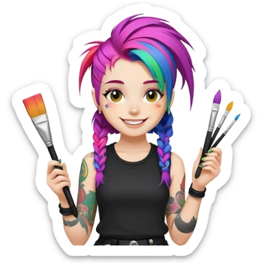 artist-girl with rainbow hair and brushes in black punk-clothing smiling sticker