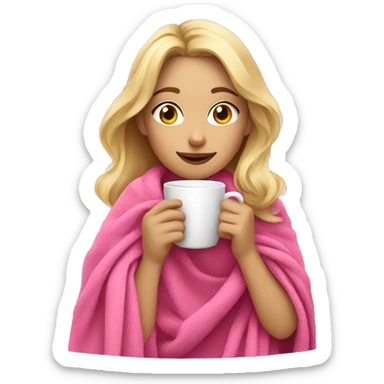 a blonde girl drinking coffee with a pink blanket around her shoulders sticker