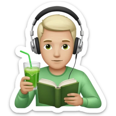 Male with wired white string headphones and green drink reading a book sticker