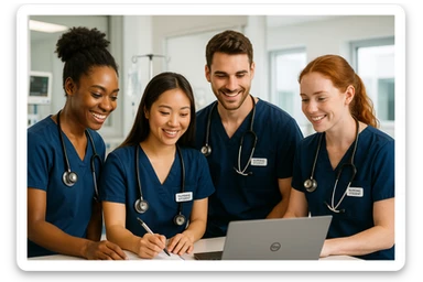 four student nurses working together, diverse group, collaborative, medical uniforms, friendly, hospital setting, modern, clear details sticker