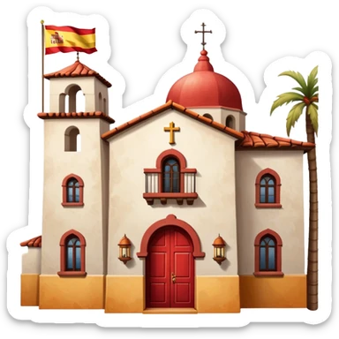Spanish mission style house with bell tower and arches, displaying a Spanish flag (red-yellow-red horizontal stripes) hanging from a window sticker