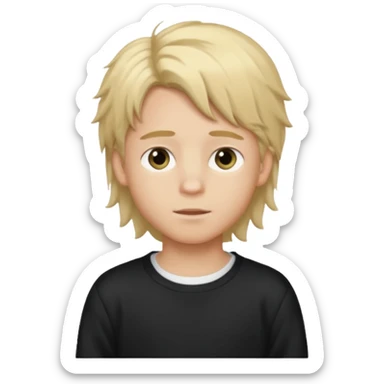Create a look for a blond boy with long, tousled hair, light eyes, a white sweater, a wealthy appearance, blue eyes, and the hair to the side + black pajama sticker