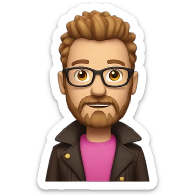 white man with brown beard a pink mohawk and thick glasses wearing a leather coat sticker